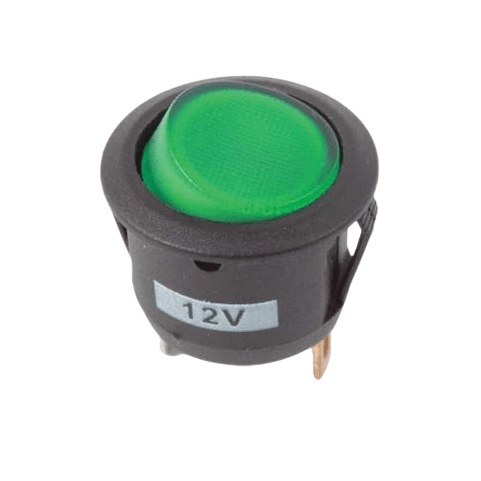 12v Rocker Switch Round Black With Green Led 3 Pin