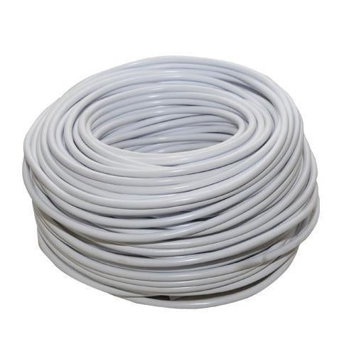 Coiled white electrical wire cable bundle on a plain background