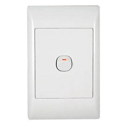 White modern light switch with small orange indicator on white background