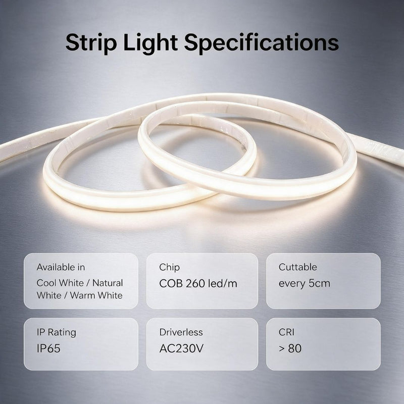 220v 10mm 260 LED COB Strip Light IP65 6000k 1m - HVS027