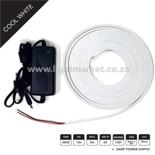 12v 6mm Neon LED Strip Light Cool White 5m With AC Adaptor - Light Market