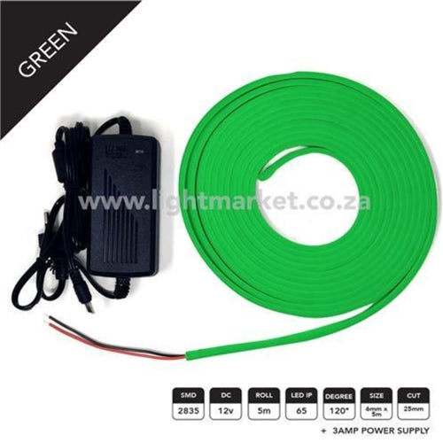 12v 6mm Neon LED Strip Light Green 5m With AC Adaptor - Light Market