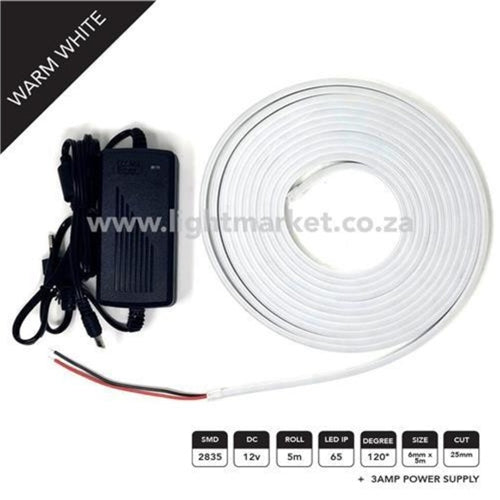 12v 6mm Neon LED Strip Light Warm White 5m With AC Adaptor - Light Market