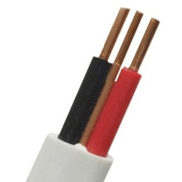 Close-up of a white sheathed twin core electrical wire with red and black insulated copper wires
