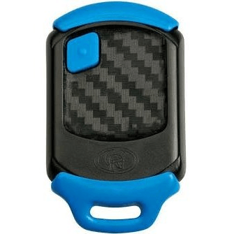 Black and blue carbon fiber car key fob cover with textured button detail