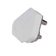 White electrical plug adapter with two metal prongs on a white background