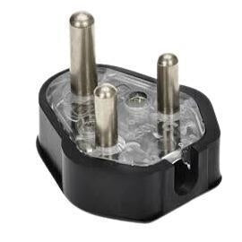 Black and transparent 3-pin electrical plug adapter on white background