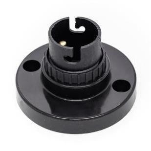 Black round plastic light socket base with mounting holes on white background
