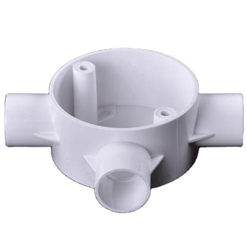 White round PVC electrical junction box with four pipe entry ports on a plain background