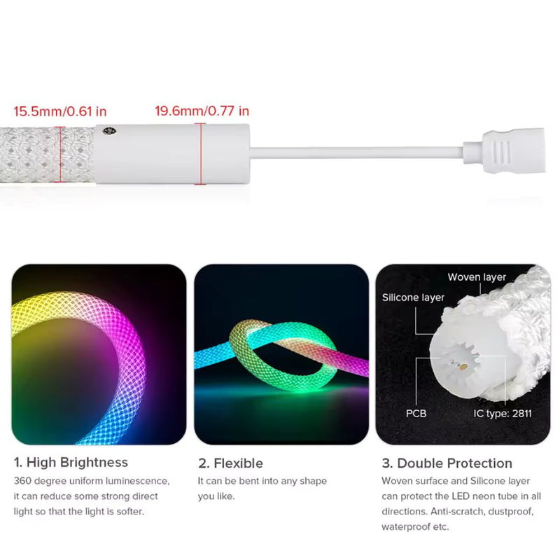 5V 16mm 25W Bluetooth Digital LED Braided Neon Rope Light  IP67