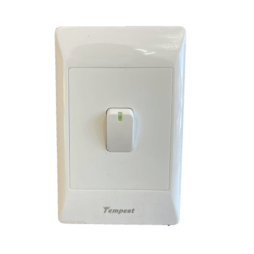Tempest white wall light switch with LED indicator on white background