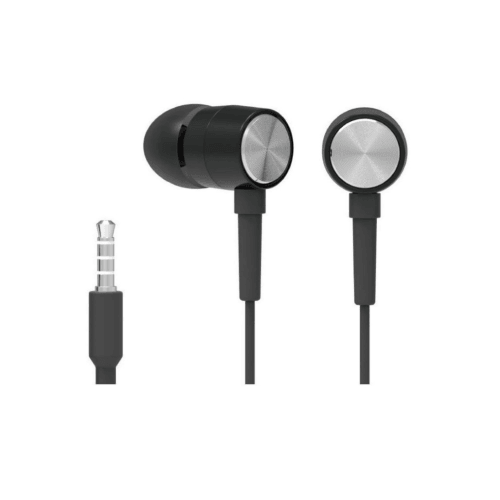 Black wired in-ear headphones with metal accents and 3.5mm audio jack