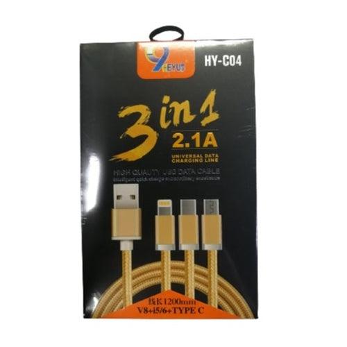 3 in 1 Cable 2.1 A 1200mm V8+i5/6+ Type C HY-C04 - Light Market