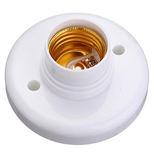 White round plastic E27 light bulb holder socket with screw base and mounting holes.