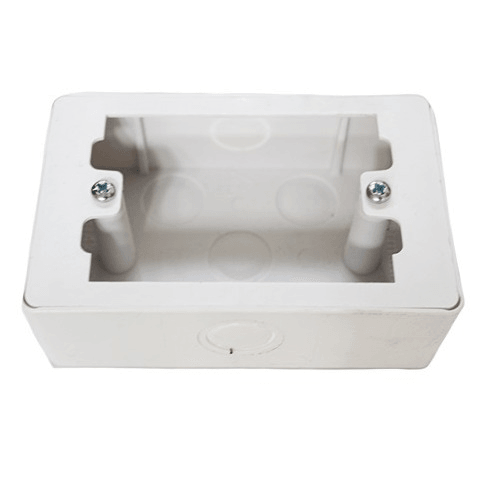 White plastic electrical switch box with two mounting screws, wall mounting accessory