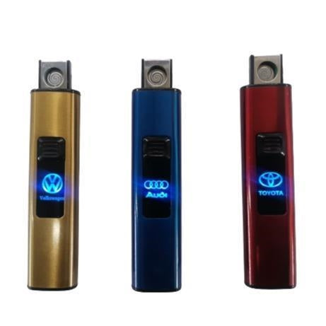 Three rechargeable electronic lighters with Volkswagen, Audi, and Toyota logos illuminated