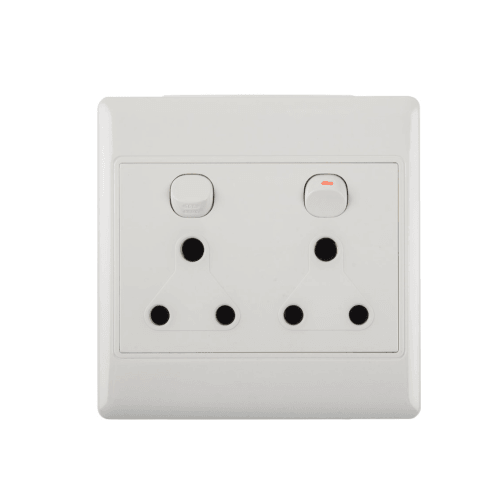 White double electrical wall socket with universal plug points and two switches