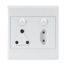 White universal electrical wall socket with dual switches on a plain background