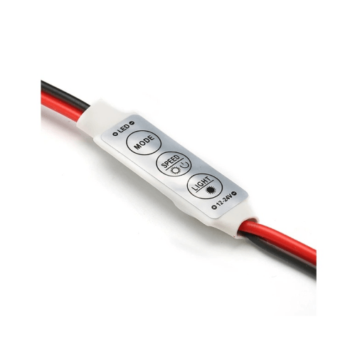 Mini LED controller with mode, speed, and light buttons, connected by red and black wires