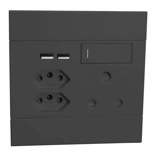 4x4 Single wall plug 3 Pin + 2 x 2 Pin + 2 x USB Charcoal - 2VC227