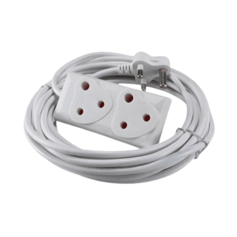 White two-socket extension cord with long cable and two-pin plug on white background