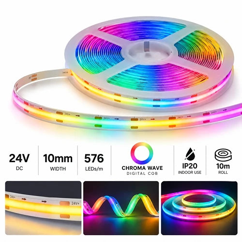 24V 10mm 576 LED Chroma Wave Digital COB Strip Light IP20 10m Roll Bing Light