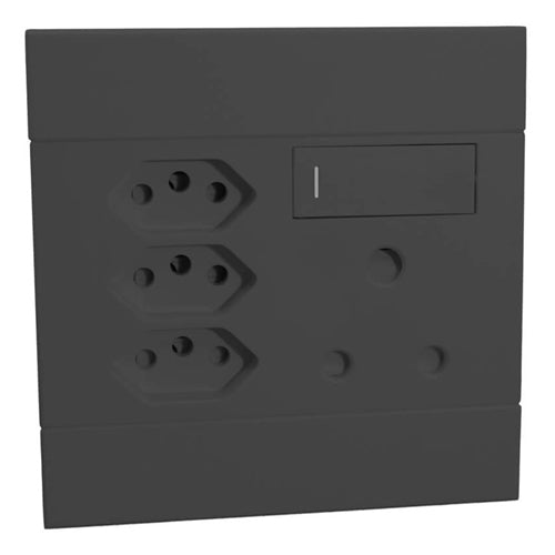 4x4 Single wall plug with switch + 3 x 2 Pin Charcoal - 2VC225