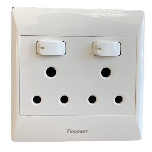 White Tempest electrical wall socket with two switches and five plug holes