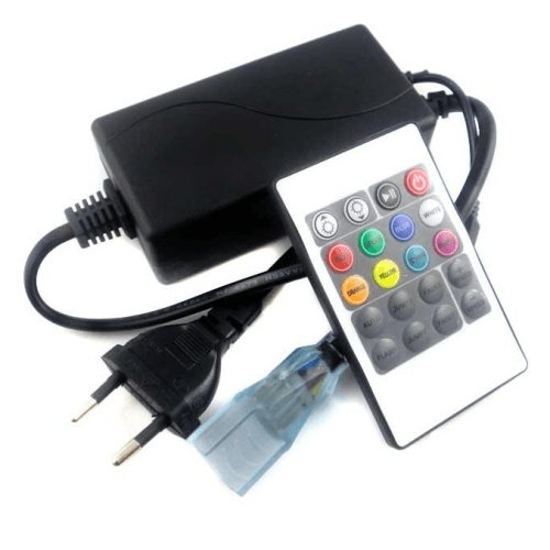 LED strip controller with remote, power adapter, and USB plug on white background