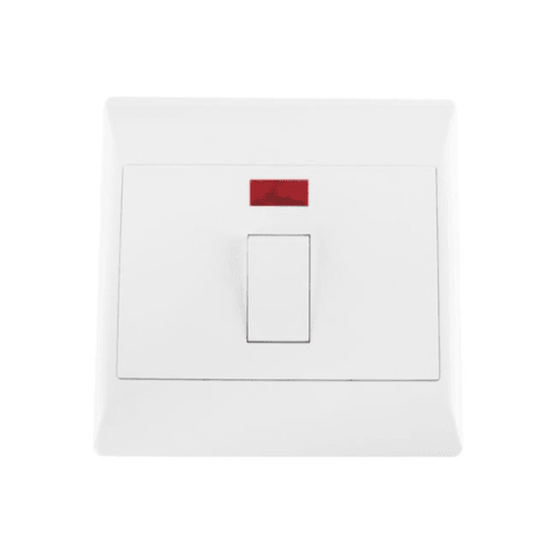 White electrical wall switch with red indicator light on white background