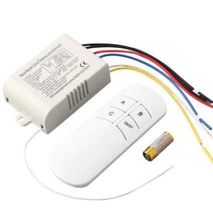 Ceiling fan remote control kit with receiver box, white remote, wires, and battery