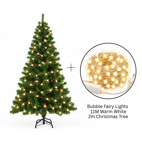 2M Green Christmas Tree & 11M Bubble Fairy Lights Bundle