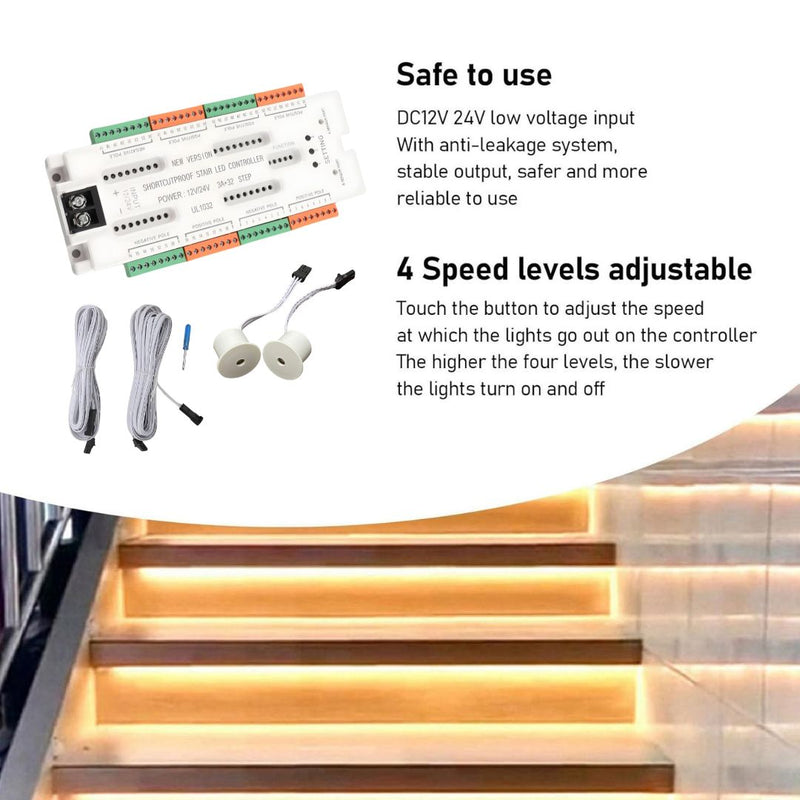 PIR Motion Sensor Stair Controller DC 12V 24V 500W V2-STEP-1002 32-Channels Staircase Controller