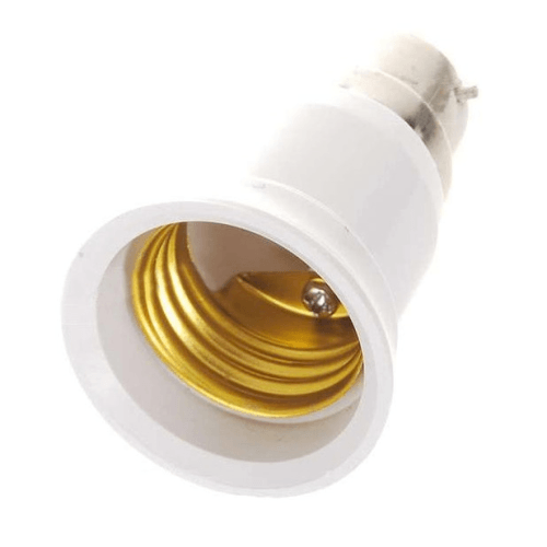 White B22 to E27 light bulb socket adapter with gold interior on white background