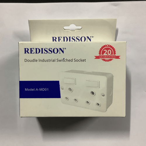 Redisson double industrial switched socket A-MD01 packaging, 20-year guarantee label