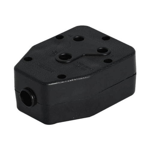 Black plastic junction box with multiple mounting holes and cable entry, electrical accessory