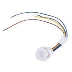Round white motion sensor with exposed colored wires for electronic installation