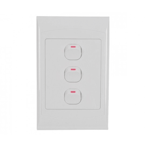 White three-gang wall light switch with red indicator lights