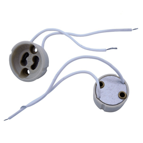 Two ceramic GU10 lamp holders with attached white electrical wires on white background