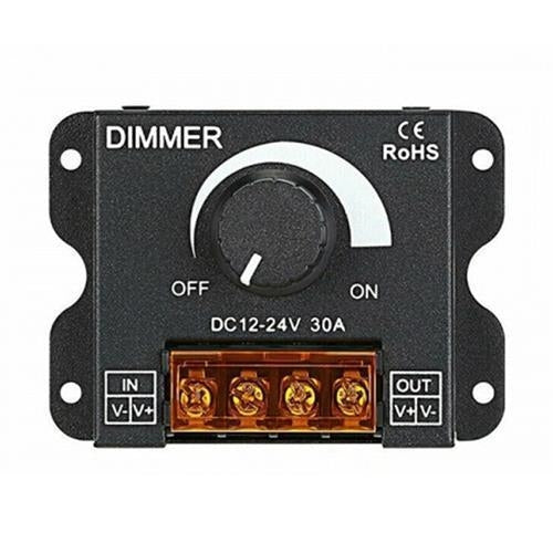 Black DC12-24V 30A LED dimmer switch with on-off dial and terminal connectors.