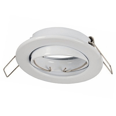 White recessed downlight fixture with spring clips for ceiling installation