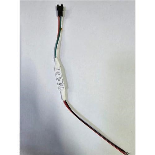 LED strip light connector with three colored wires and in-line control unit on white background