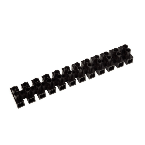Black plastic terminal block strip for electrical wiring on white background