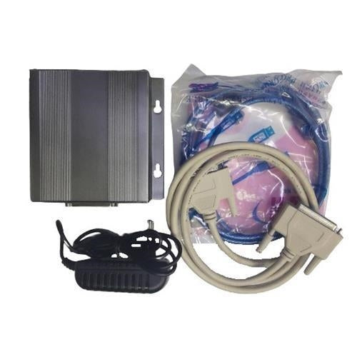 industrial serial to ethernet converter kit with cables and power adapter on white background