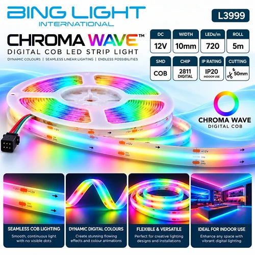 12v 10mm 720 LED Milky White Chroma Wave Digital COB Strip Light IP20 5m Roll - Bing light