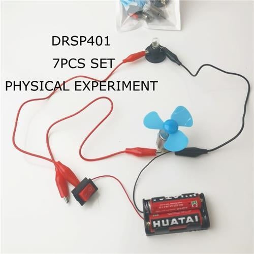 DIY physical experiment kit with battery, wires, switch, and blue propeller fan setup