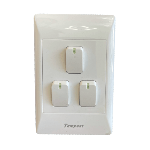 White Tempest triple light switch panel with three rectangular switches