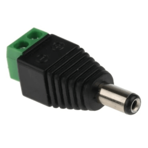 DC power jack adapter with green screw terminal and black plastic housing