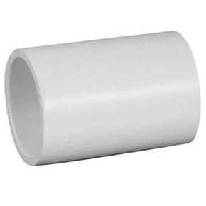 White PVC pipe coupling connector fitting on a plain background