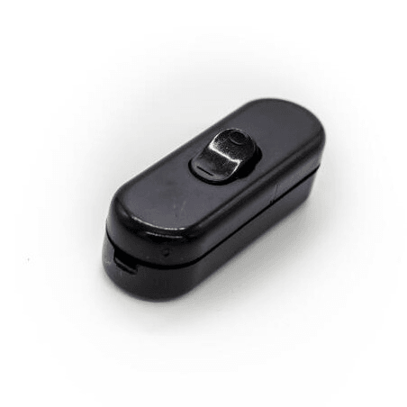 Black inline rocker switch for lamp or light, compact plastic design on white background